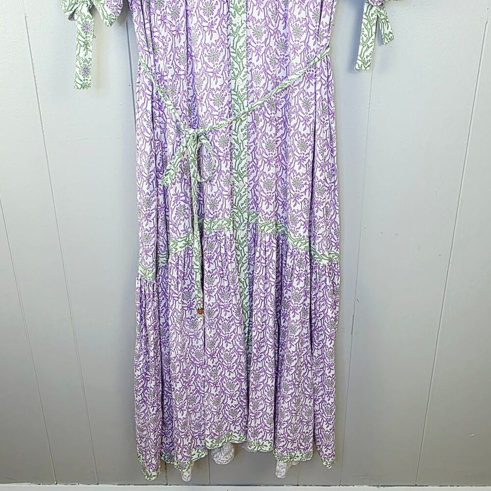 Cactus + Pearl Purple Green Floral Maxi Dress XXL Tie Sleeve Boho Cottagecore - Picture 8 of 15